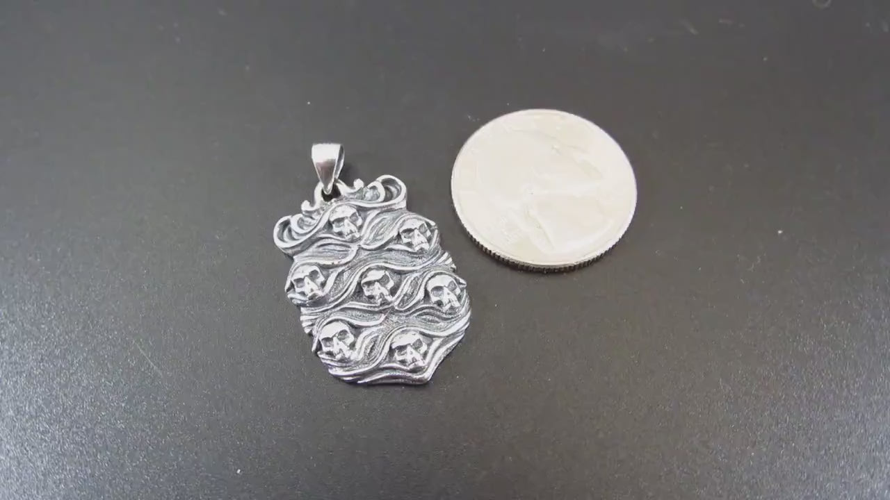 Solid 925 Sterling Silver Skull Pendant - Gothic Victorian Jewelry, Seven Skulls Amulet, Dark Fantasy Necklace, Handcrafted Statement Piece