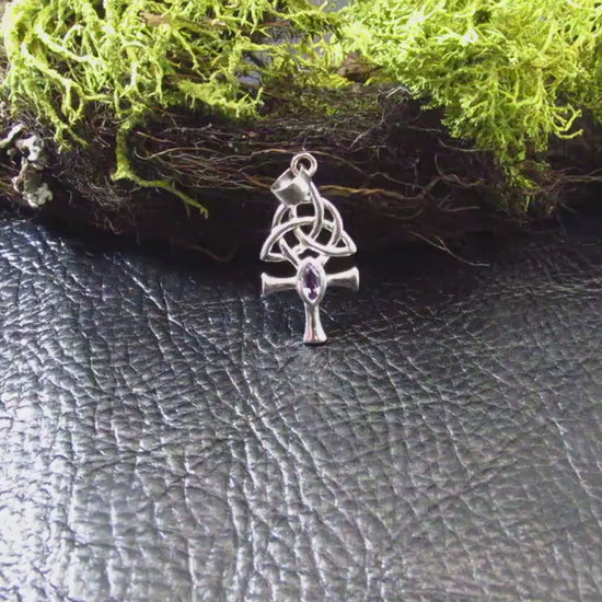 Solid 925 Sterling Silver Egyptian Ankh Necklace Pendant w/ Celtic Triquetra Knots & Gemstone