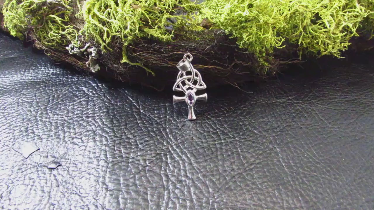 Solid 925 Sterling Silver Egyptian Ankh Necklace Pendant w/ Celtic Triquetra Knots & Gemstone