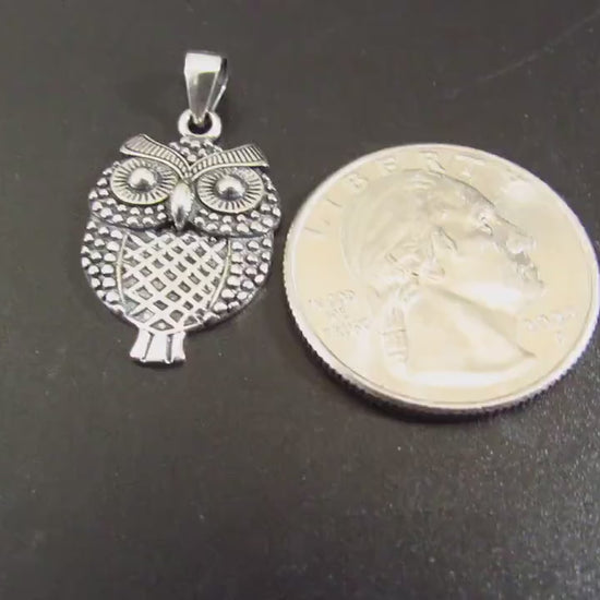 Solid 925 Sterling Silver Owl Pendant – Textured Retro Style Bird Charm – Symbol of Wisdom – Silver Owl Necklace Charm - Cottagecore Jewelry