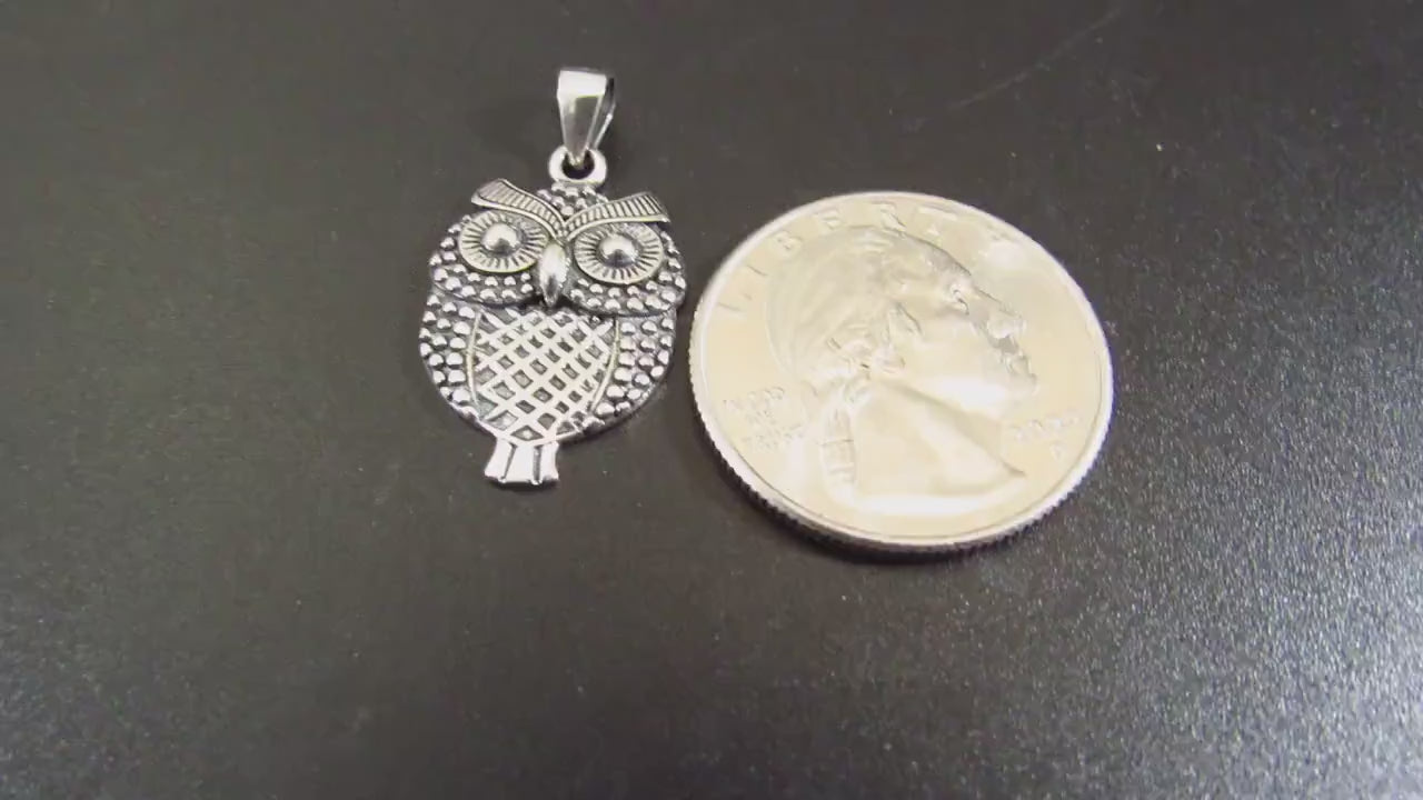 Solid 925 Sterling Silver Owl Pendant – Textured Retro Style Bird Charm – Symbol of Wisdom – Silver Owl Necklace Charm - Cottagecore Jewelry