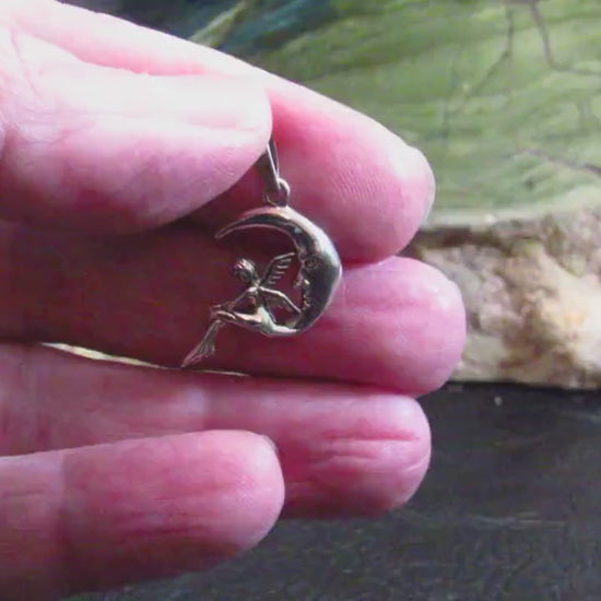Solid 925 Sterling Silver Moon Fairy Pendant – Crescent Moon Faeire Charm, Celestial Fantasy Jewelry
