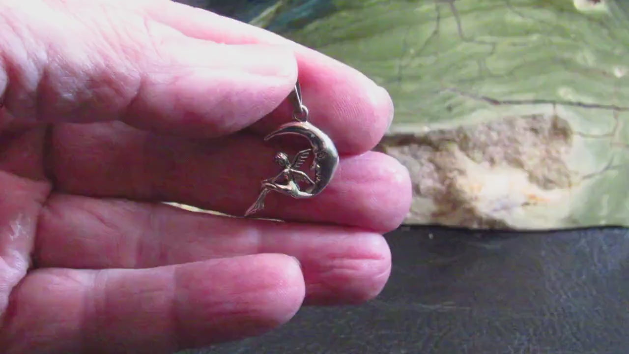 Solid 925 Sterling Silver Moon Fairy Pendant – Crescent Moon Faeire Charm, Celestial Fantasy Jewelry