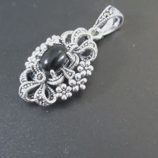 Solid 925 Sterling Silver & Black Onyx Pendant, Floral Ribbon Marcasite Jewelry, Antiqued Design, Bohemian Style, Elegant Statement Piece