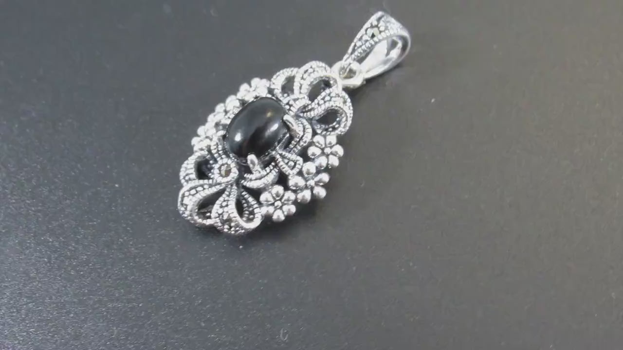 Solid 925 Sterling Silver & Black Onyx Pendant, Floral Ribbon Marcasite Jewelry, Antiqued Design, Bohemian Style, Elegant Statement Piece