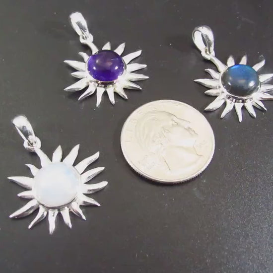 Solid 925 Sterling Silver Sun Pendant – Amethyst, Labradorite, or Rainbow Moonstone - Celestial Jewelry, Gemstone Charm Necklace Pendant