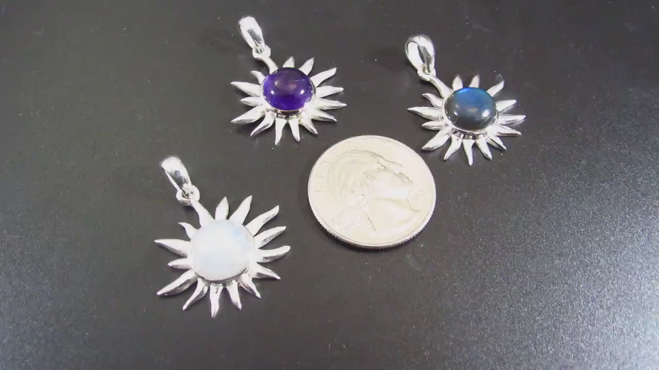 Solid 925 Sterling Silver Sun Pendant – Amethyst, Labradorite, or Rainbow Moonstone - Celestial Jewelry, Gemstone Charm Necklace Pendant