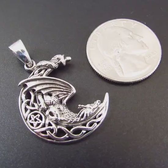 Solid 925 Sterling Silver Dragon Moon Pendant – Celtic Dragon Necklace Amulet, Gothic Fantasy Jewelry