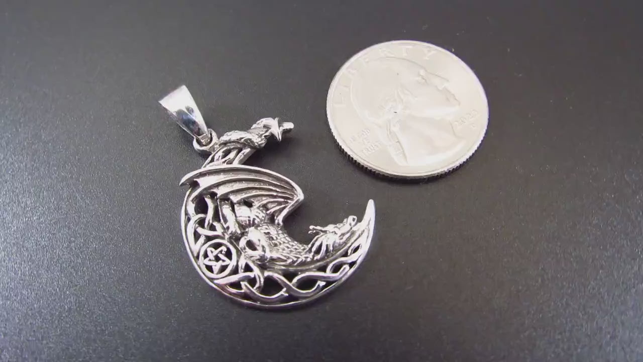 Solid 925 Sterling Silver Dragon Moon Pendant – Celtic Dragon Necklace Amulet, Gothic Fantasy Jewelry