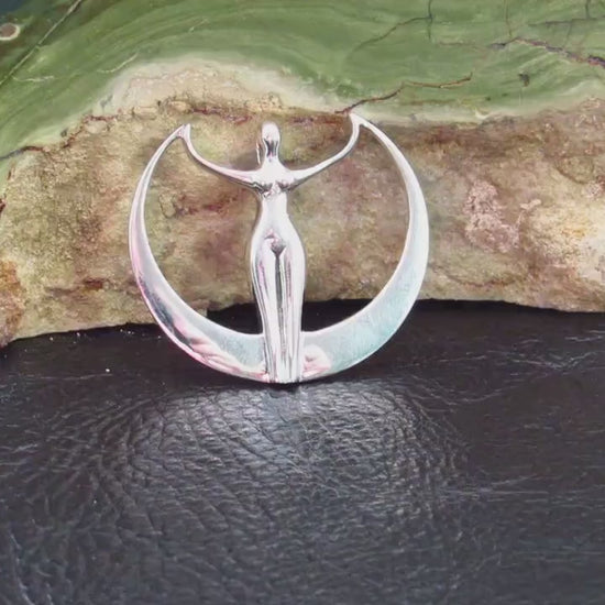 Solid 925 Sterling Silver Moon Goddess Pendant, Art Deco Crescent Moon Divine Feminine Amulet
