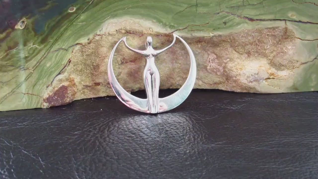 Solid 925 Sterling Silver Moon Goddess Pendant, Art Deco Crescent Moon Divine Feminine Amulet