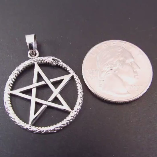 Solid 925 Sterling Silver Ouroboros Pentagram Pendant, Wiccan Protection Pentacle Amulet, Pagan Jewelry