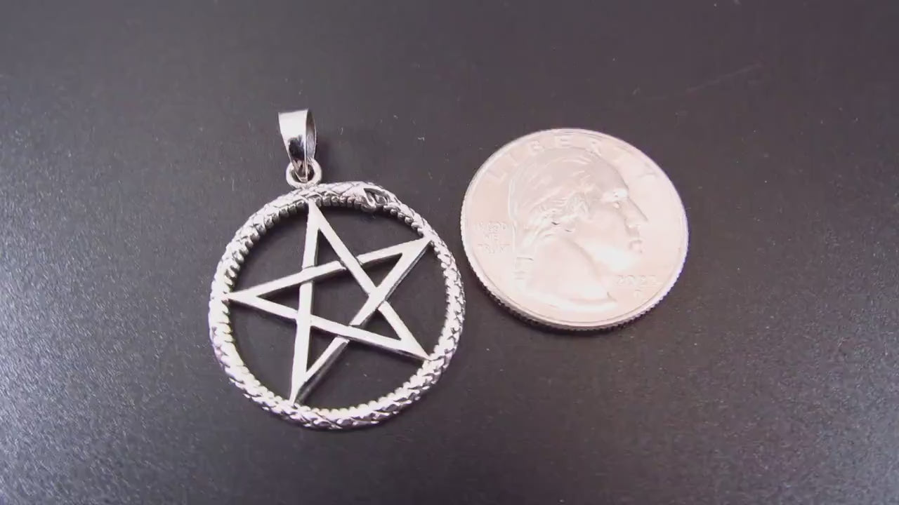 Solid 925 Sterling Silver Ouroboros Pentagram Pendant, Wiccan Protection Pentacle Amulet, Pagan Jewelry