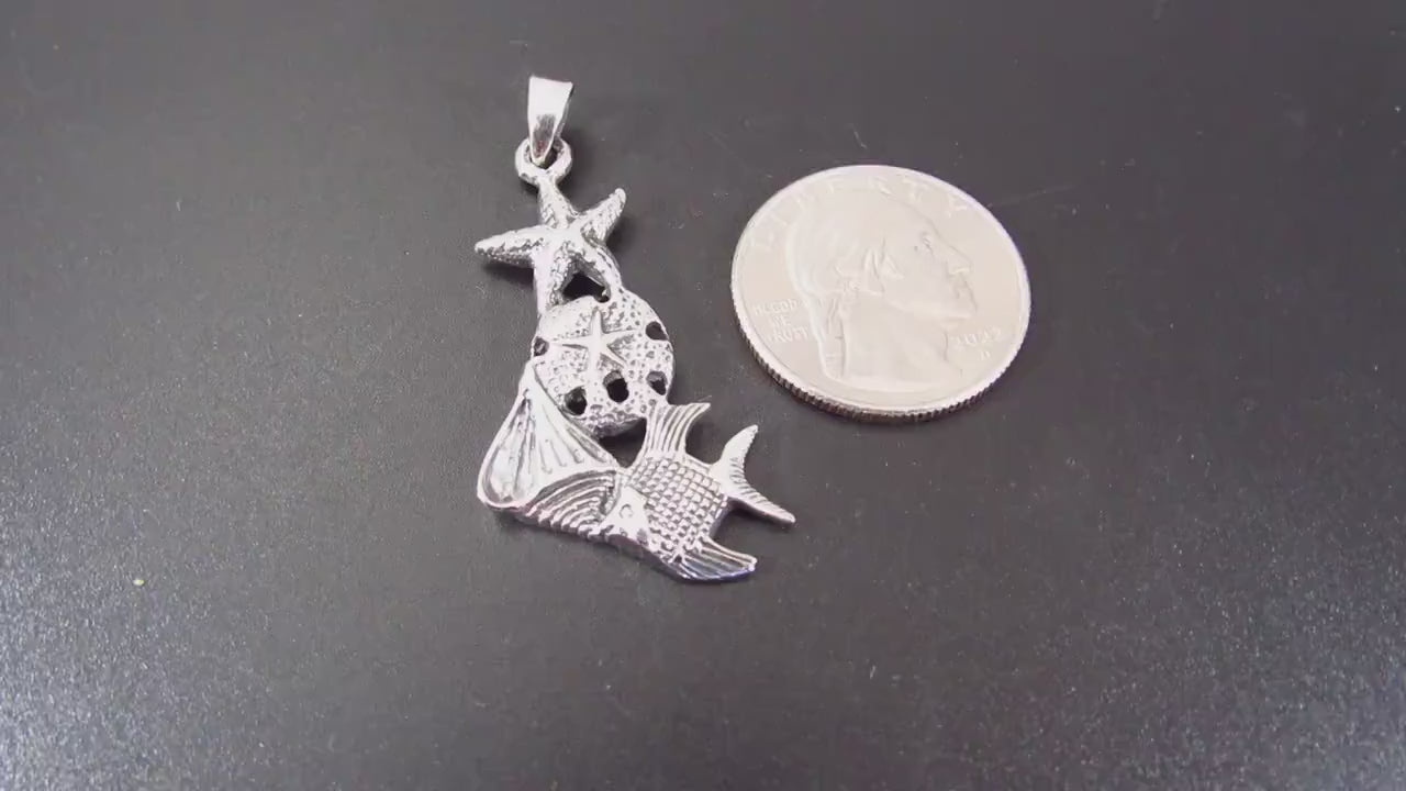 Solid 925 Sterling Silver Ocean Pendant – Starfish, Sand Dollar, and Fish Charm – Beach Lover Necklace – Nautical Sea Life Jewelry Gift