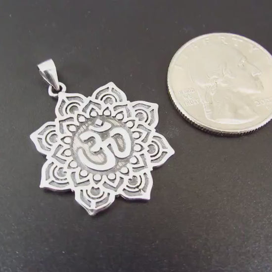 Solid 925 Sterling Silver Om / Aum / Ohm Mandala Lotus Flower Pendant – Spiritual Yoga Amulet, Meditation Symbol Jewelry for Men & Women