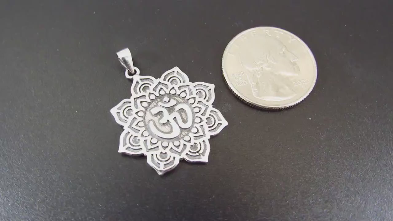Solid 925 Sterling Silver Om / Aum / Ohm Mandala Lotus Flower Pendant – Spiritual Yoga Amulet, Meditation Symbol Jewelry for Men & Women