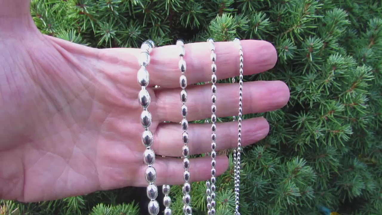 Solid 925 Sterling Silver Italian Oval Bead Chain, Rice Bead Necklace or Bracelet, Unisex Stacking and Layering Jewelry, Made in Italy