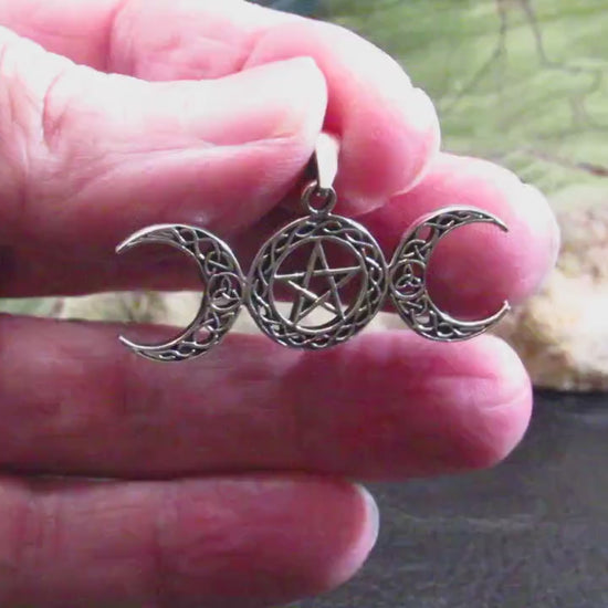 Solid 925 Sterling Silver Triple Moon Pentacle Pendant – Celtic Knot Goddess Moon Necklace Amulet