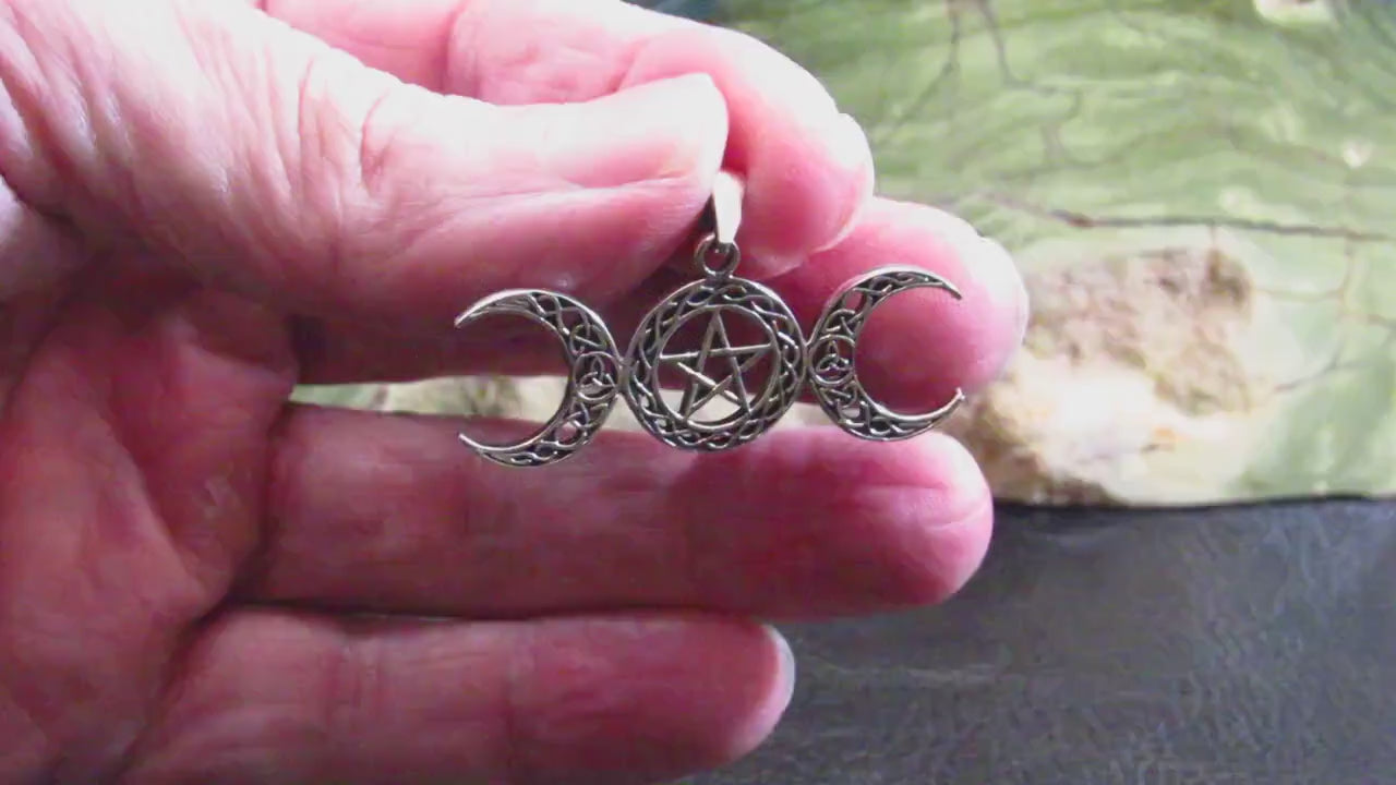 Solid 925 Sterling Silver Triple Moon Pentacle Pendant – Celtic Knot Goddess Moon Necklace Amulet