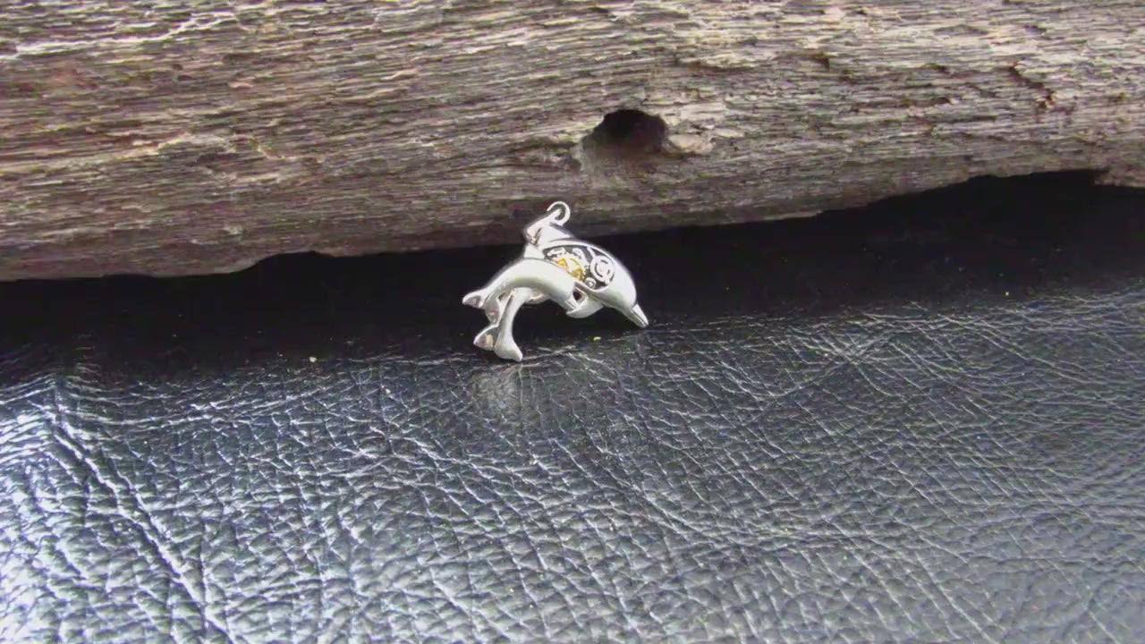 Solid 925 Sterling Silver Steampunk Dolphins Necklace Pendant, 14K Gold Accents, Industrial Jewelry