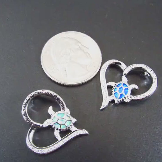 Solid 925 Sterling Silver and Blue or White Opal Turtle Heart Pendant, Engraved "I Love You to the Moon and Back" Handcrafted Jewelry