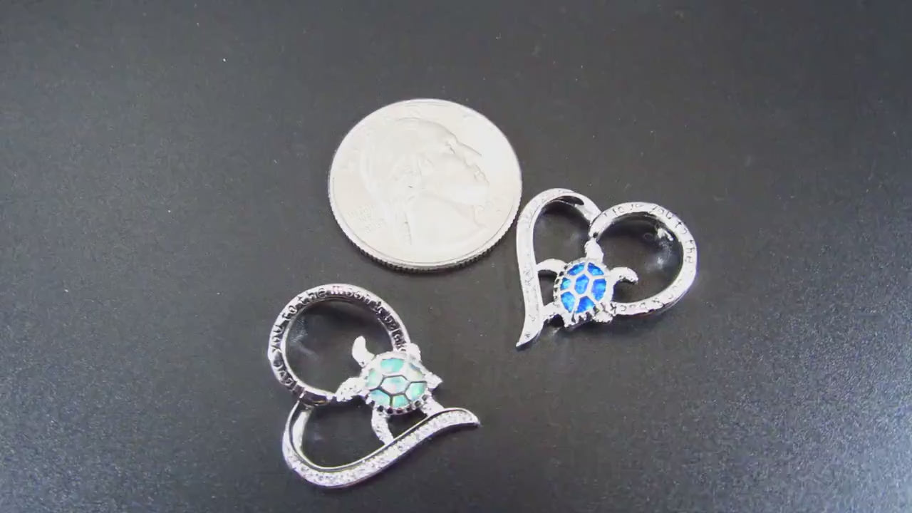 Solid 925 Sterling Silver and Blue or White Opal Turtle Heart Pendant, Engraved "I Love You to the Moon and Back" Handcrafted Jewelry