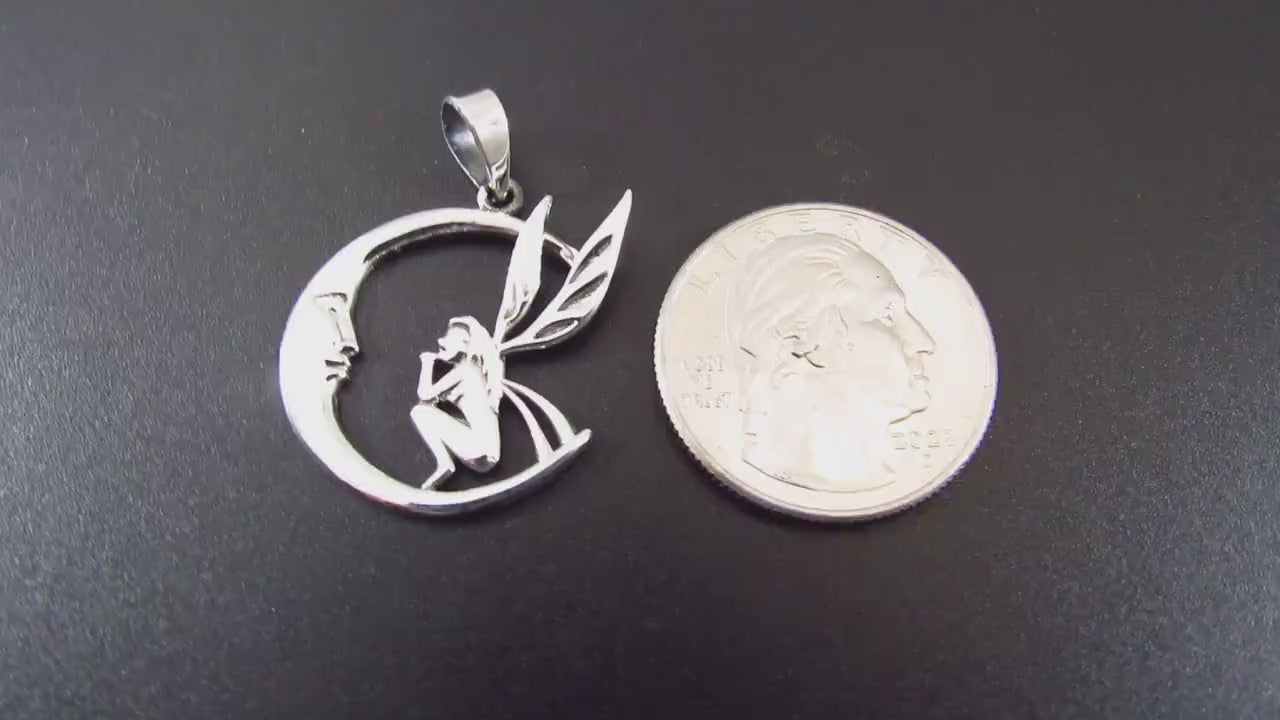 Solid 925 Sterling Silver Fairy Moon Pendant, Crescent Moon Fairycore Amulet, Mystical Fantasy Jewelry