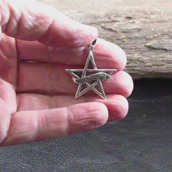 Witch Diva Pentagram Necklace Pendant, Solid 925 Sterling Silver Pagan / Wiccan Amulet, Gothic & Occult Jewelry Gift Idea