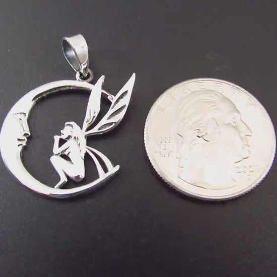 Solid 925 Sterling Silver Fairy Moon Pendant – Crescent Moon Necklace Charm, Fantasy Jewelry, Mystical Fairy Charm, Fairycore Amulet