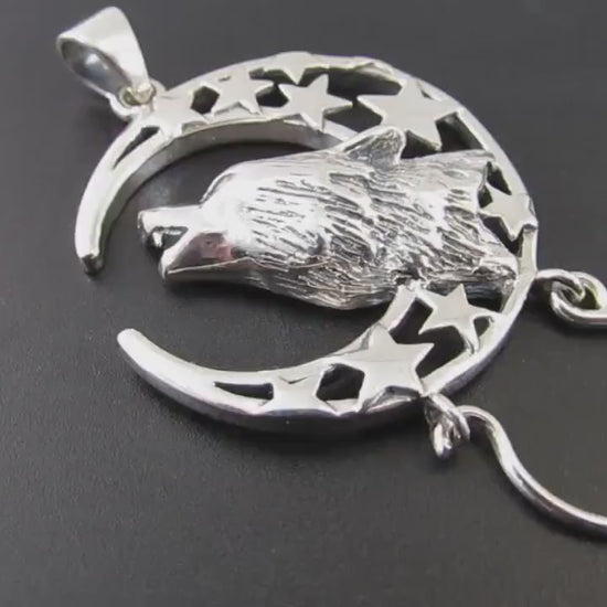 Solid 925 Sterling Silver Baying Wolf Charm Holder Pendant, Crescent Moon Star Celestial Amulet