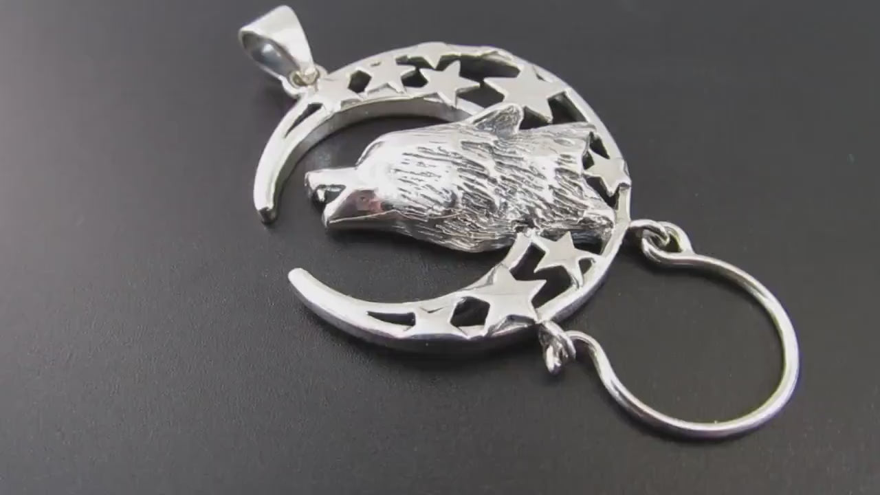 Solid 925 Sterling Silver Baying Wolf Charm Holder Pendant, Crescent Moon Star Celestial Amulet