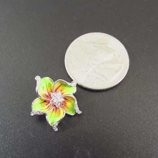 Solid 925 Sterling Silver & Enamel Hibiscus Flower Slide Pendant, Colorful Green Yellow and Red Charm, Handcrafted Floral Jewelry with CZs
