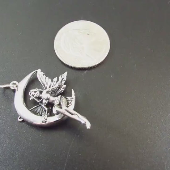 Solid 925 Sterling Silver Fairy on Crescent Moon Pendant, Magic Celestial Faerie Amulet