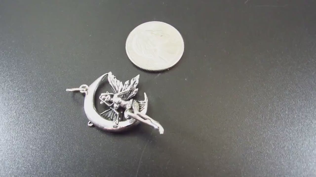 Solid 925 Sterling Silver Fairy on Crescent Moon Pendant, Magic Celestial Faerie Amulet