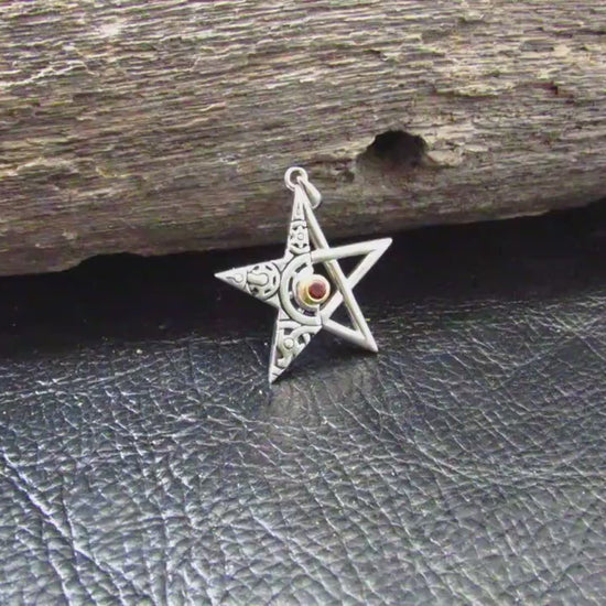 Solid 925 Sterling Silver Gear Pentagram Pendant – Mechanical Pagan Talisman, 14k Gold Garnet / Topaz