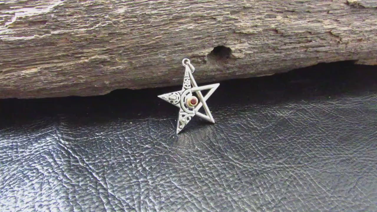 Solid 925 Sterling Silver Gear Pentagram Pendant – Mechanical Pagan Talisman, 14k Gold Garnet / Topaz