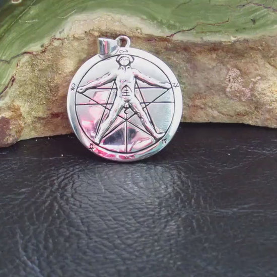 Solid 925 Sterling Silver Vitruvian Man Pentacle Pendant Sacred Geometry Occult Talisman