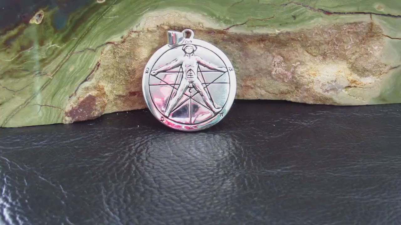 Solid 925 Sterling Silver Vitruvian Man Pentacle Pendant Sacred Geometry Occult Talisman