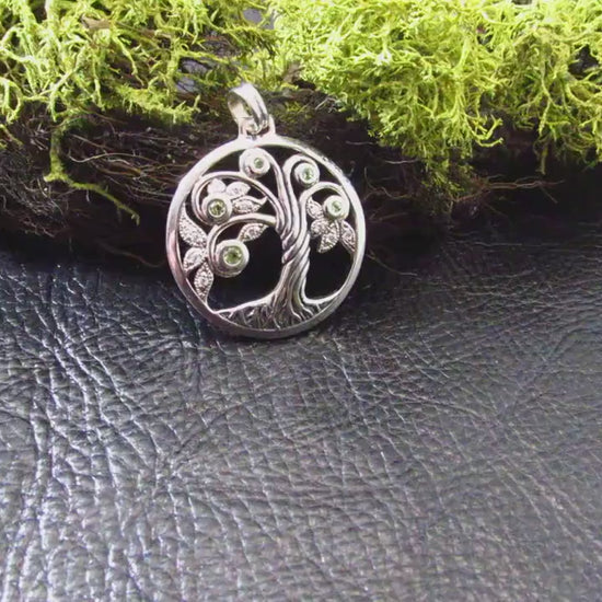 Solid 925 Sterling Silver Tree of Life Pendant with Peridot Gemstones