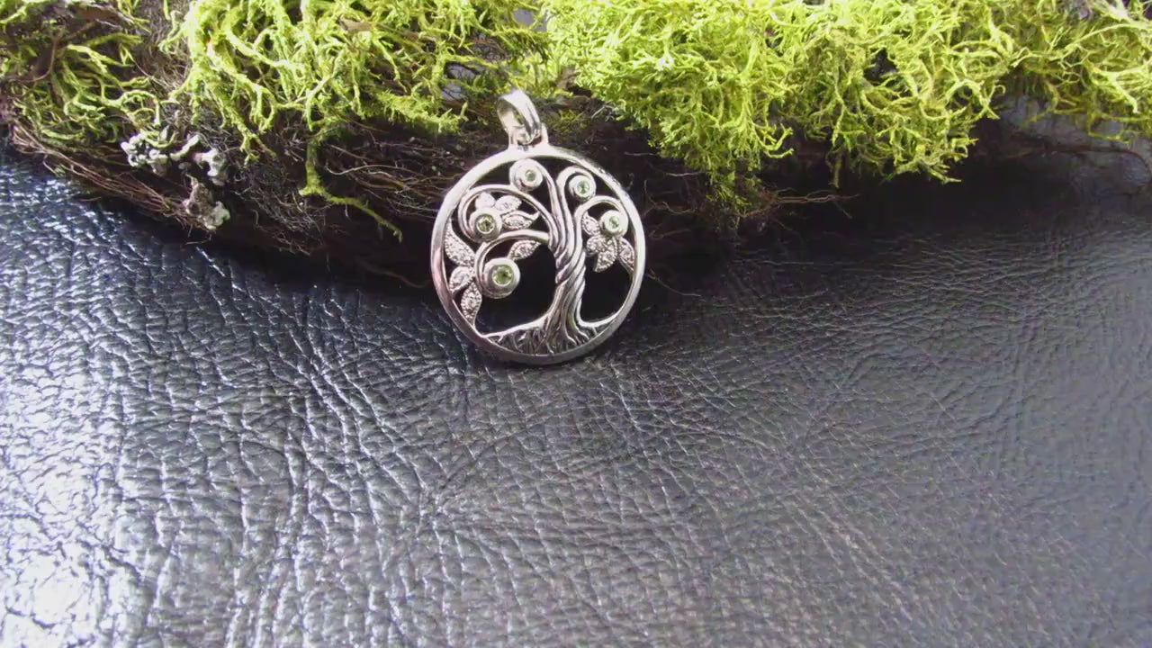 Solid 925 Sterling Silver Tree of Life Pendant with Peridot Gemstones