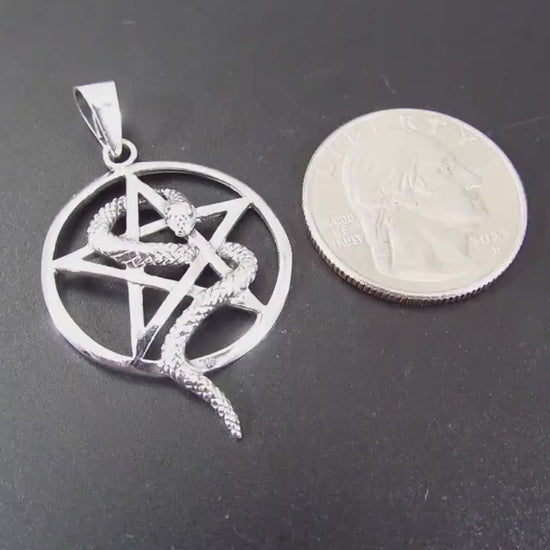 Solid 925 Sterling Silver Snake Pentagram Pendant, Serpent Wrapped Pentacle Pagan Amulet