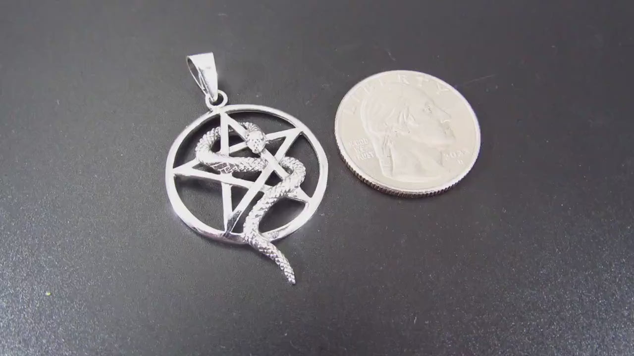 Solid 925 Sterling Silver Snake Pentagram Pendant, Serpent Wrapped Pentacle Pagan Amulet