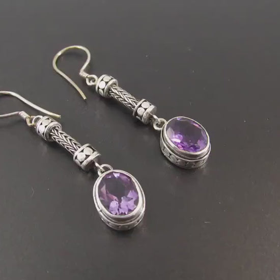 Solid 925 Sterling Silver Tribal Balinese Earrings, Handcrafted Foxtail Faceted Oval Amethyst Drop Dangle Hook Earrings, Made in Bali