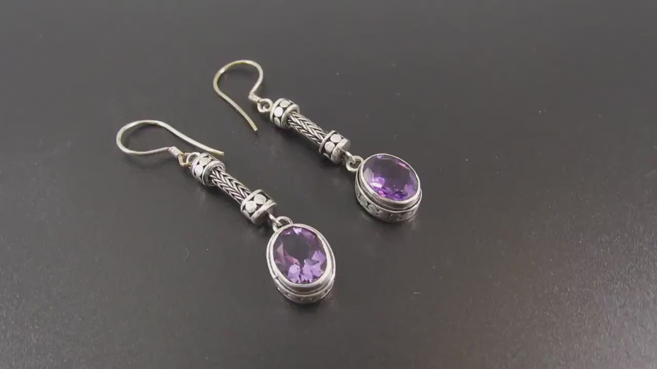 Solid 925 Sterling Silver Tribal Balinese Earrings, Handcrafted Foxtail Faceted Oval Amethyst Drop Dangle Hook Earrings, Made in Bali