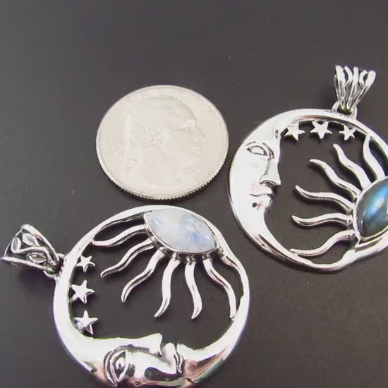 Solid 925 Sterling Silver Sun and Moon Pendant – Labradorite or Rainbow Moonstone Necklace Amulet