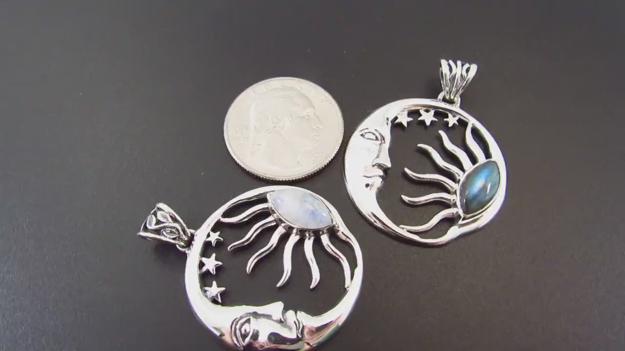 Solid 925 Sterling Silver Sun and Moon Pendant – Labradorite or Rainbow Moonstone Necklace Amulet