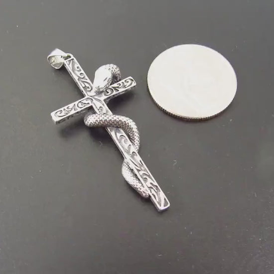Solid 925 Sterling Silver Slithering Snake on Christian Cross Pendant, Ornate Religious Jewelry for Men and Women, Gothic Cross with Serpent