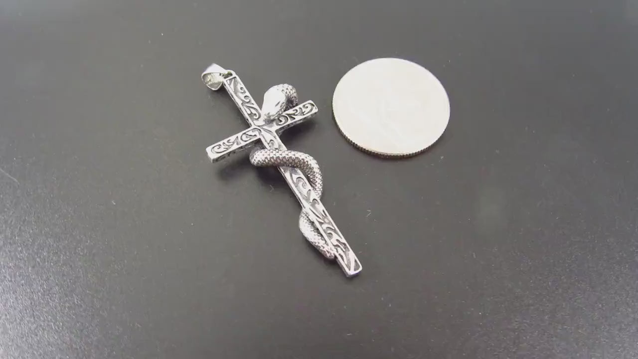 Solid 925 Sterling Silver Slithering Snake on Christian Cross Pendant, Ornate Religious Jewelry for Men and Women, Gothic Cross with Serpent