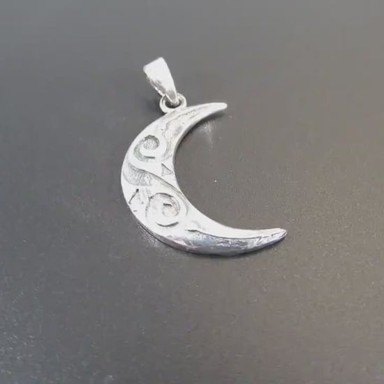 Solid 925 Sterling Silver Crescent Moon Pendant, Spiral Goddess Moon, Pagan Jewelry Charm