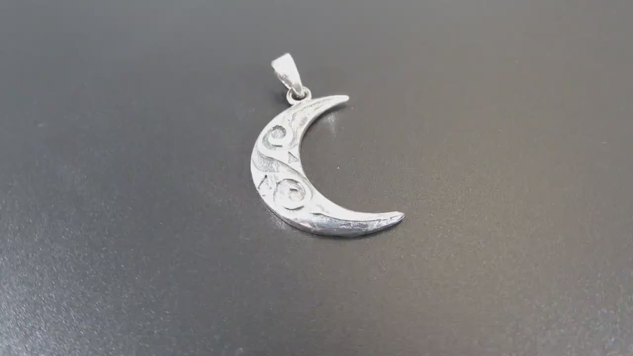 Solid 925 Sterling Silver Crescent Moon Pendant, Spiral Goddess Moon, Pagan Jewelry Charm